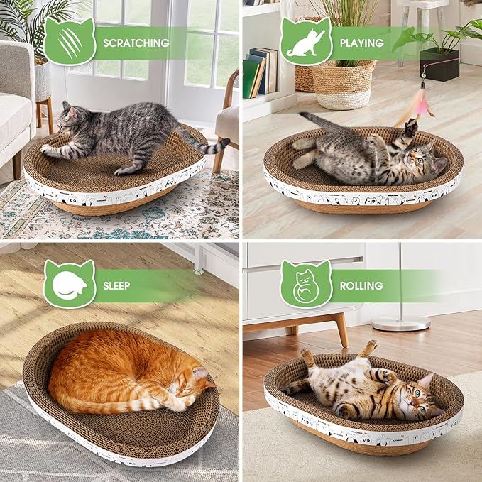4PCS 2 Corrugated Cat Scratcher Lounge Bowl,1 Scratching Pad Cardboard with House,1 Brush, Oval Cat Bed for 2 Cats, Scratch Board for Cats, Cute Round Cat Lounger Scratcher for Furniture Protection