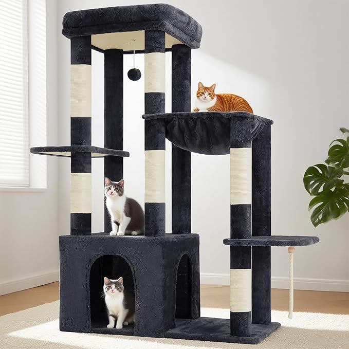 Heybly Heavy Duty Cat Tree, Tower for Indoor Cats Large Adult, Tall Cat Condo House with Extra-Large Baseboard, Multi-Level Plush Furniture with Scratching Posts, Hammock, Toy Ball, Smoky Gray HCT026G