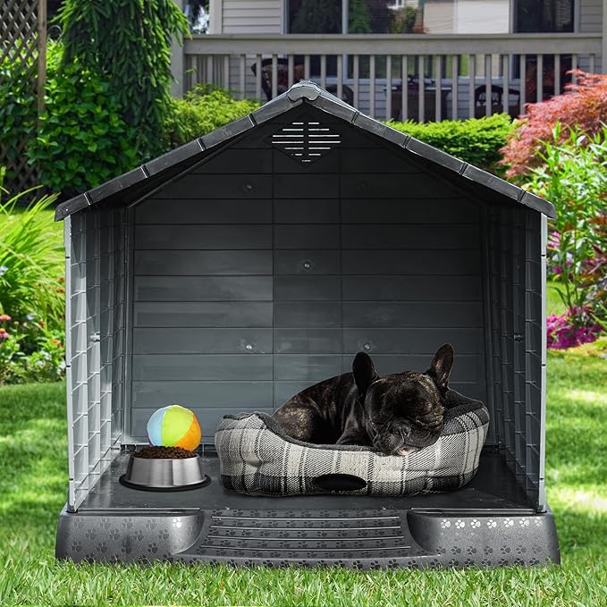YITAHOME Large Plastic Dog House Outdoor Indoor Doghouse Puppy Shelter Water Resistant Easy Assembly Sturdy Dog Kennel with Air Vents and Elevated Floor