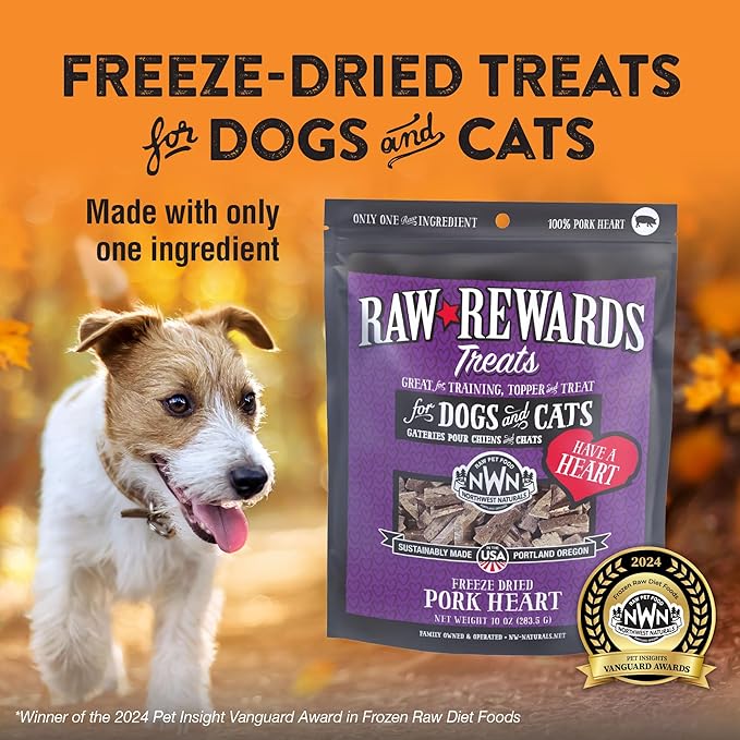 Northwest Naturals Raw Rewards Freeze-Dried Pork Heart Treats for Dogs and Cats - Bite-Sized Pieces - Healthy, 1 Ingredient, Human Grade Pet Food, All Natural, Proudly Made in USA, 3 Oz