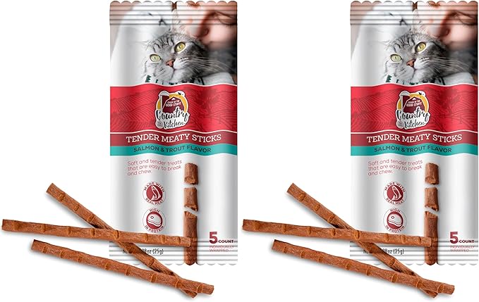 Country Kitchen Salmon & Trout Tender Meaty Sticks Cat Treats, High in Protein, Easy to Break and Chew, 0.88 Oz, 5 Count (Pack of 2)