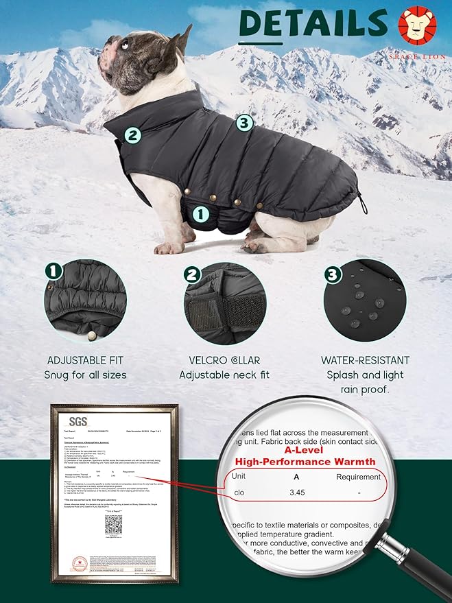 SPACE LION Puffer Jacket, Down Winter Coat, Waterproof, Windproof, Lightweight Jacket, Adjustable Fit for Medium Dogs(BlackGrey,L)