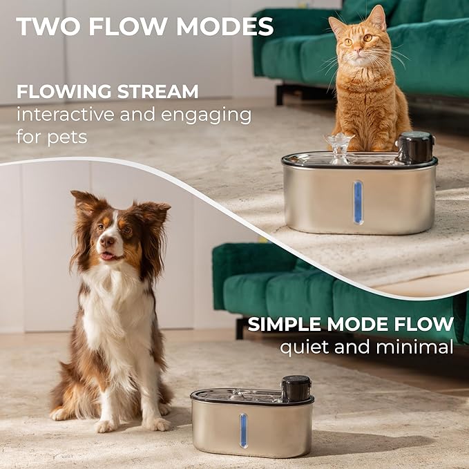 Wireless Cat Water Fountain Stainless Steel, 5200mAh Battery, Ultra Quiet, Automatic Pet Water Dispenser, 108oz/3.2L, Two Flow Modes, BPA-Free, Multi-Filtration, Includes 2 Filters - White