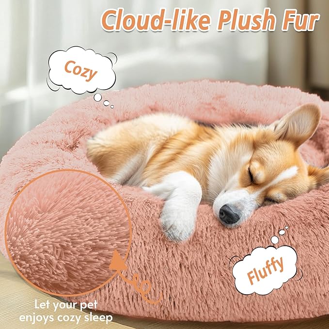 JOLLYVOGUE Calming Dog & Cat Bed for Large Dogs, Anti-Anxiety Donut Cuddler Cozy Soft Round Bed with Anti-Slip Bottom, Fluffy Faux Fur Plush Cushion Beds for Medium Dogs (36")