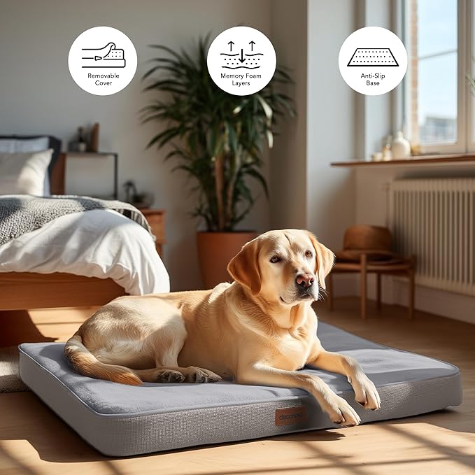 Deconovo Orthopedic Dog Bed for Medium & Large Dogs – Supportive Memory Foam with Washable Cover, Non-Slip Base – Comfort for Senior, Arthritic & Active Pets, Grey, 44" Lx32 Wx3 Th