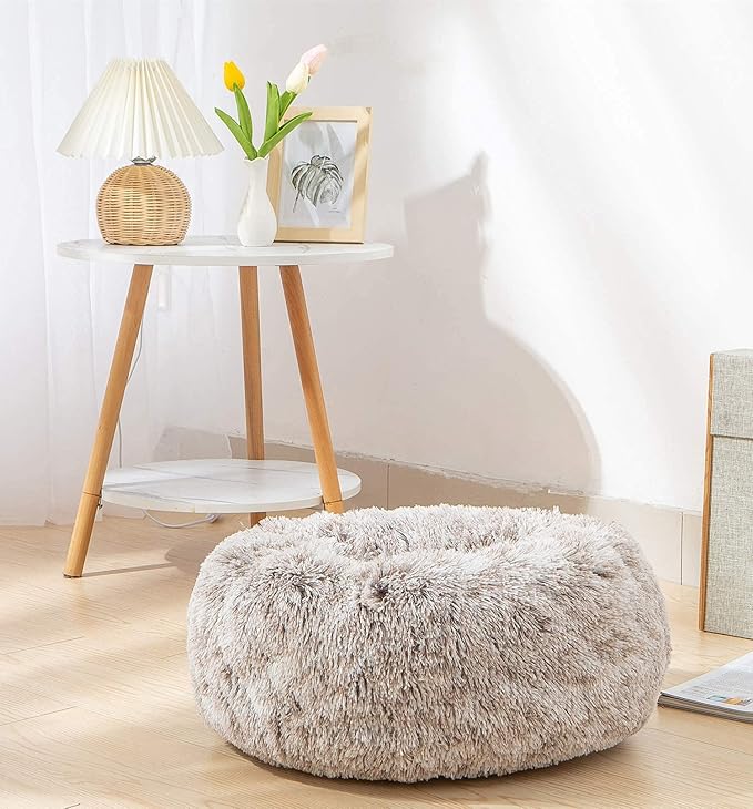 Calming Donut Dog Bed Medium, Plush Round Cuddler Dog & Cat Bed, Anit-Anxiety Marshmellow Fluffy Faux Fur Cushion(24", Brown)