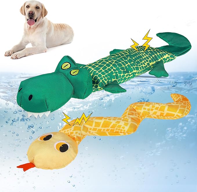 SCENEREAL Dog Water Toy for Medium Small Dogs- 2 Pack Floating Dog Toys Squeaky Toys for Pool Fetch, Crocodile & Snake Shape Durable Pet Chew Toy Summer Outdoor Interactive Play