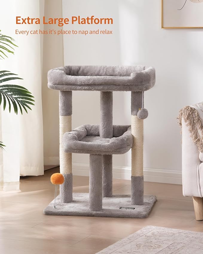 FourFurPets Small Cat Tree, Multi-Level Cat Tree for Indoor Cats, Cat Tower with Scratching Post, Cat Condo for Kittens,Toy Balls, 2 Soft Platform, Light Gray