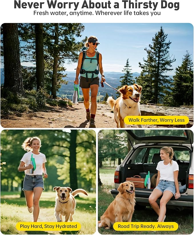 Stainless Steel Dog Water Bottle - 27 oz Portable Travel Dog Bottle & Bowl, Leak Proof Stainless Steel Metal Pet Water Bowl Dispenser for Camping, Hiking, Traveling, Walking (27oz, Green)