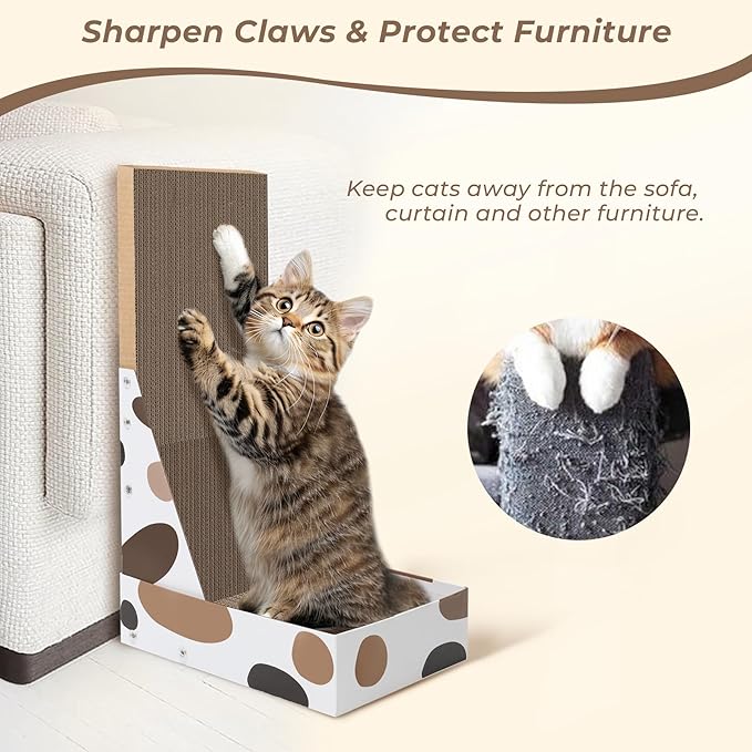 ComSaf Cat Scratching Board, Vertical Cat Scratcher for Indoor Cats, L Shaped Cat Wall Scratcher, Cardboard Cat Scratch Pad Lounger with Box Collecting Scraps, Protect Furniture Couch