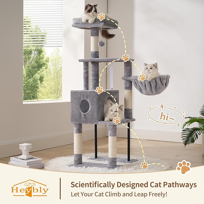Heybly Cat Tree, 49.2 Inches Cat Tower for Indoor Cats, Spacious Cat House Condo with Hidden Space,Sturdy Steel Tube,Soft Plush Top Perch,Cozy Hammock and Sisal Scratching Posts, Light Gray HCT200SW