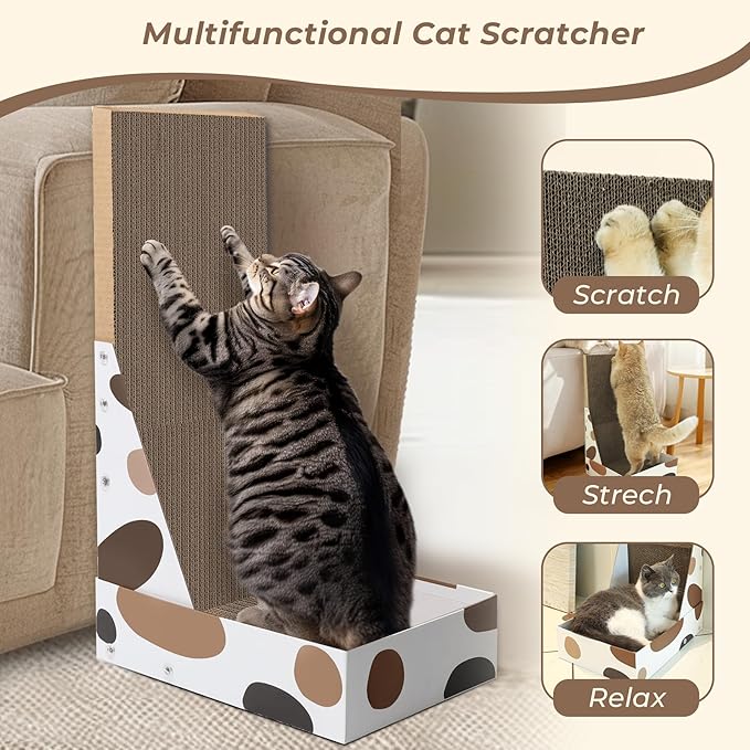 ComSaf Cat Scratching Board, Vertical Cat Scratcher for Indoor Cats, L Shaped Cat Wall Scratcher, Cardboard Cat Scratch Pad Lounger with Box Collecting Scraps, Protect Furniture Couch
