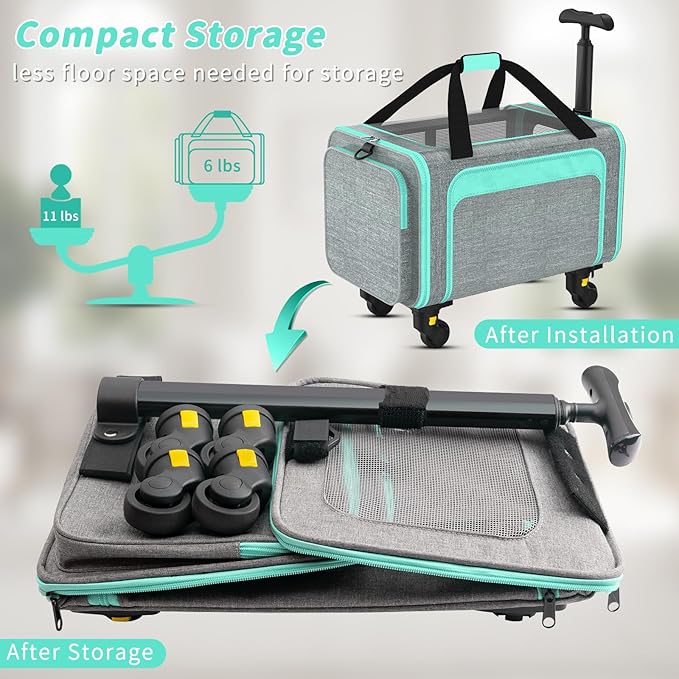 3-in-1 Upgraded Pet Carrier with Wheels, 18" x 11" x 11" TSA Airline Approved, Cat Carrier on Wheels for Small Cats Up to 15Lbs, Rolling Pet Carrier, Cat Soft-Sided Bag for Flying, Travel & Vet