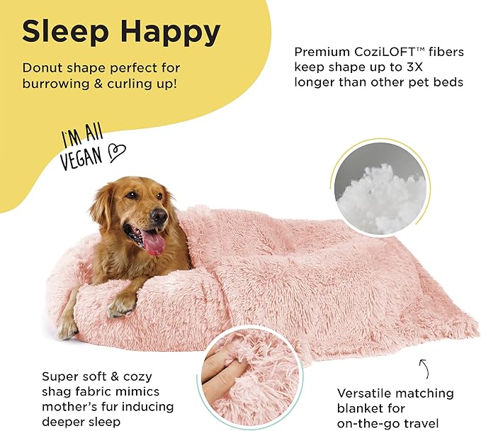 Best Friends by Sheri Bundle Set The Original Calming Shag Donut Cuddler Cat and Dog Bed + Pet Throw Blanket Cotton Candy Pink Extra Large 45" x 45"