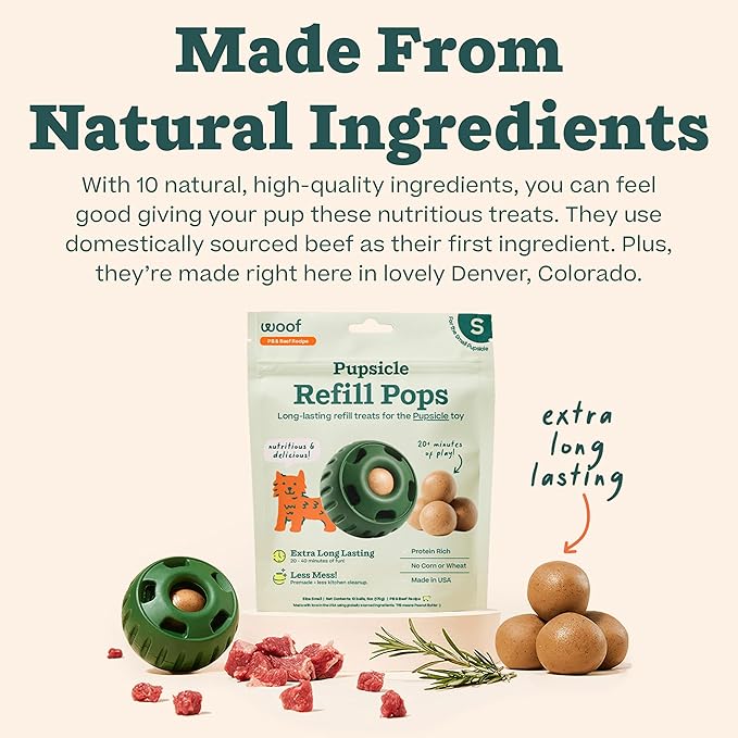 WOOF Pupsicle Refill Pops - Low-Mess Dog Snacks - with Peanut Butter and Beef - Dog Treats - Long Lasting - Small Pops - 10 Count - 2 Pack