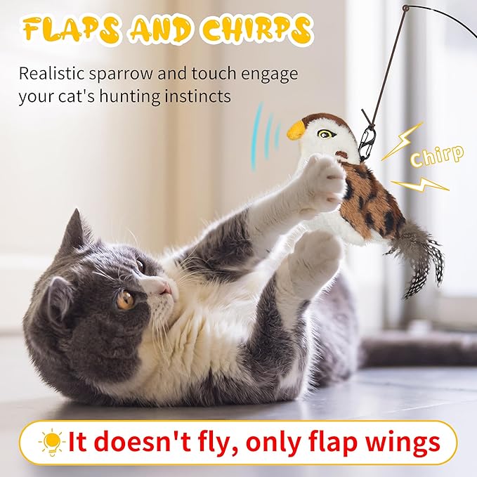 Cat Toys Flapping Bird, Lifelike Sparrow Chirp Tweet, Rechargeable Touch Activated Kitten Toy Interactive Exercise Toys for All Breeds Cat Kicker Catnip Toys, No Flying (Large 8.6 x 3.7)