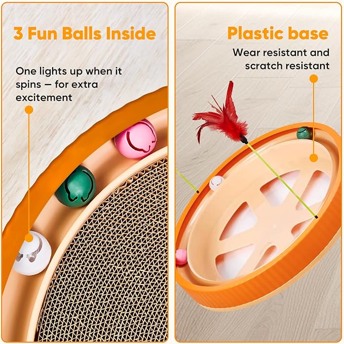 Extra-Large Round Cat Scratcher with Ball Track – 3-in-1 Circular Cardboard Scratching Pad with Feather Toys – Interactive Cat Toy Round Track for Indoor Cats, Kitten Play Lounge Board (Orange)