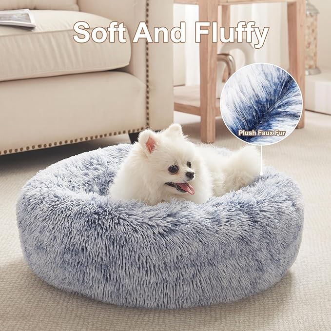 23 inches Donut Dog Bed for Small Dogs - Calming Washable Round Puppy Bed with Removable Cover, Fluffy Plush Pet Bed for Cats & Dogs, Fits up to 25 lbs Pets (Dark Blue,Small)