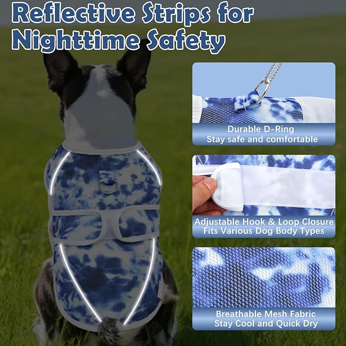 Dog Cooling Vest – Lightweight Pet Cooling Shirt 3D Breathable Mesh, Reflective Strips & UV Protection for Walking, Hiking, Park – Adjustable Fit Dog Cooler Jacket with D-Ring U-DCV04XL