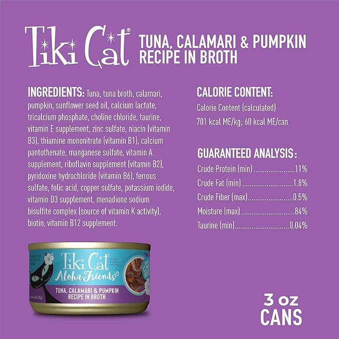 Tiki Cat Aloha Friends, Tuna, Calamari & Pumpkin, Grain-Free & High Moisture, Wet Cat Food for All Life Stages 3 oz. Can (12 Count)