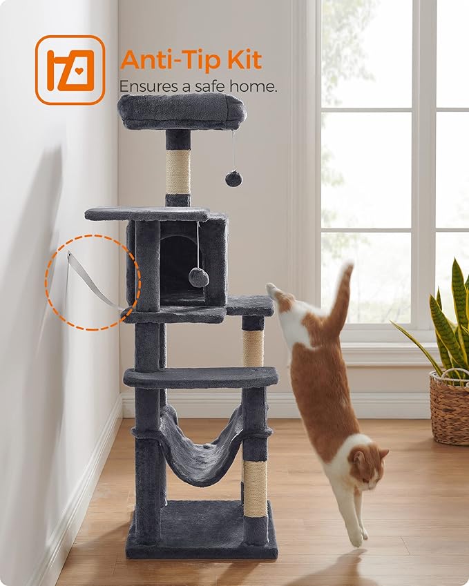 Feandrea Cat Tree, 56.3-Inch Cat Tower for Indoor Cats, Multi-Level Cat Condo with 4 Scratching Posts, 2 Perches, Hammock, Cave, Smoky Gray UPCT161G01