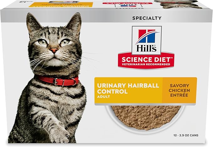 Hill's Science Diet Urinary Hairball Control, Adult 1-6, Urinary Track Health & Hairball Control Support, Wet Cat Food, Chicken Minced, 2.9 oz Can, Case of 12
