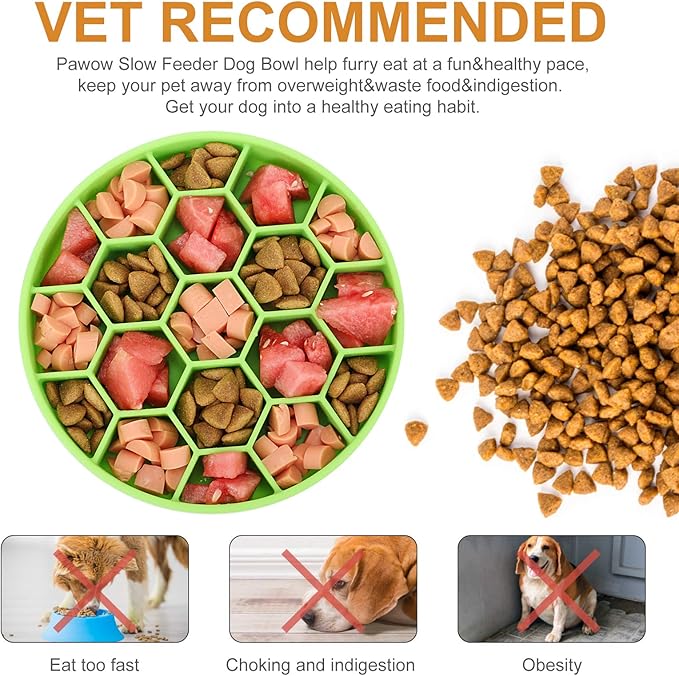 Pawow Silicone Slow Feeder Dog Bowls, Interactive Dog Bowl with Suction Cups, Honeycomb Shape & Non-Slip Design, Boredom and Anxiety Reducer Slow Feeder for Large, Medium, Small Breed Pet