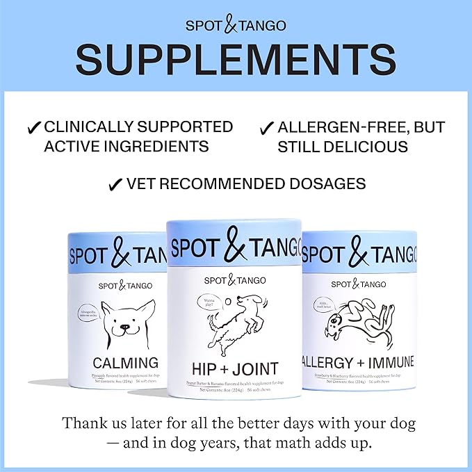 Spot & Tango Allergy + Immune Supplement for Dogs - Vet-Approved For Itchy Skin & Allergy Relief - Wild Alaskan Salmon Oil, Omega-3, Primrose Oil, Biotin - Real Strawberry & Blueberry Flavor, 56 Count