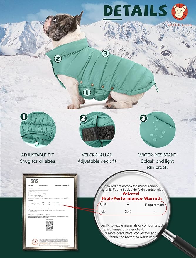 SPACE LION Puffer Jacket, Down Winter Coat, Waterproof, Windproof, Lightweight Jacket, Adjustable Fit for Small Dogs(Green,XS)