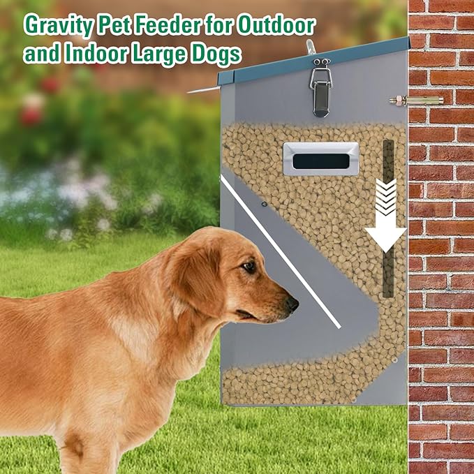 Automatic Dog Feeder Large Breed Dog Food Dispener, 25Lbs Outdoor Pets Feeder Gravity Food Feeder for Large Dogs, Galvanized Hanging Automatic Dog Food Dispenser Container