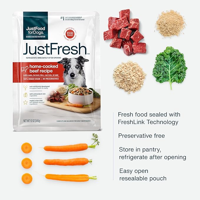 JustFoodForDogs JustFresh Home-Cooked Beef Dog Food with No Preservatives, Resealable Package, Human Grade Wet Dog Food, 12 oz - 7 Pack