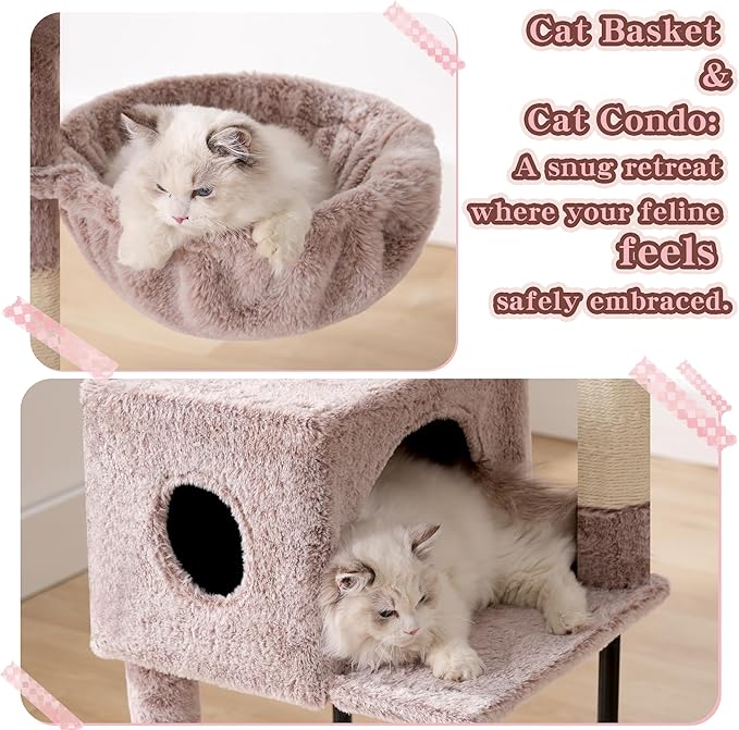 Heybly Cat Tree, 49.2 Inches Cat Tower for Indoor Cats, Spacious Cat House Condo with Hidden Space,Sturdy Steel Tube,Soft Plush Top Perch,Cozy Hammock and Sisal Scratching Posts, Muchroom HCT200SMU