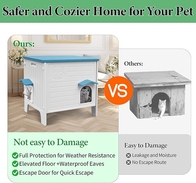 Outdoor Cat House Weatherpoof Large Plastic Cats Houses with Escape Door Indoor Waterproof Feral/Pet Cat Shelter Outside for Multiple Cats (Blue)