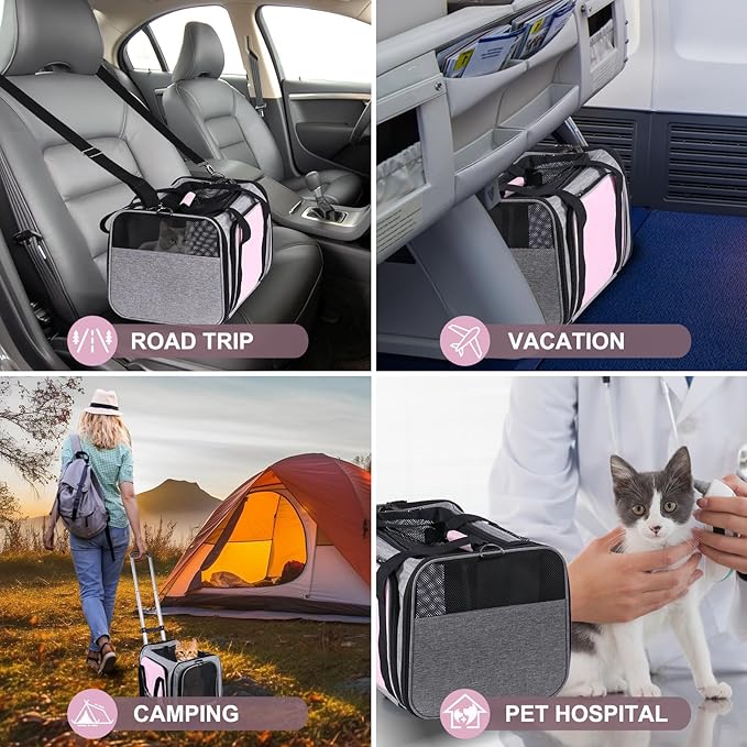 Pet Carrier Airline Approved on Wheels - Two Sided Expandable Cat Soft Carrier for Puppy and Cats Under 26lbs, Rolling Cat Carrier for Airplane, Camping, Outdoor