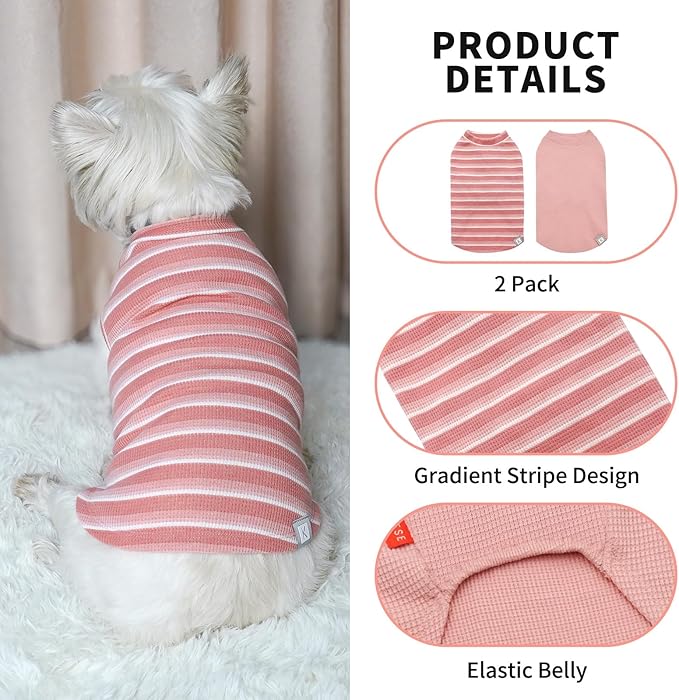 KYEESE 2Pack Waffle Dog Shirts for Small Dogs Stretchy T-Shirts Lightweight Tank Top Sleeveless Striped Vest Breathable Pet Apparel, Large, Pink+Striped