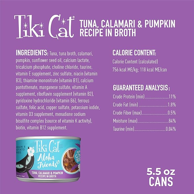 Tiki Cat Aloha Friends, Tuna, Calamari & Pumpkin, Grain-Free & High Moisture, Wet Cat Food for All Life Stages 5.5 oz. Cans (Pack of 8)