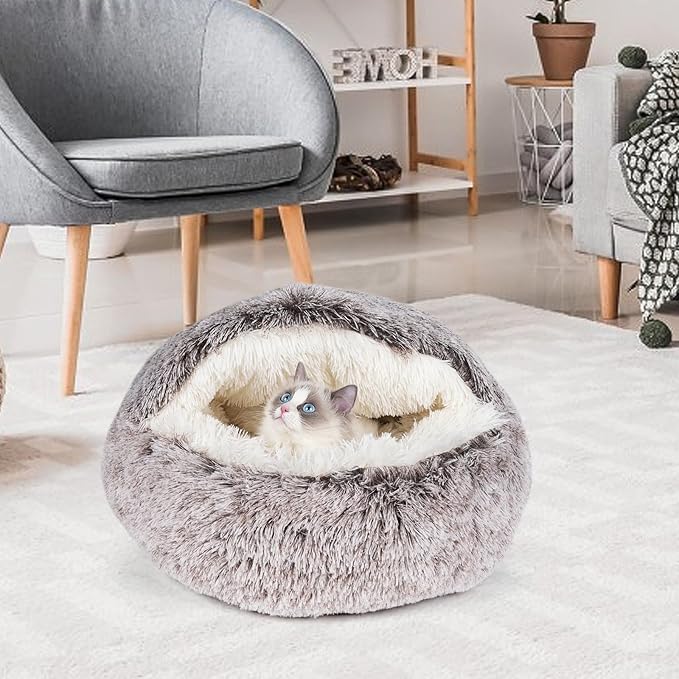 Cat Beds & Dog Bed with Cover Cave, Dog Beds for Small Dogs, Round Soft Plush Donut Calming Pet Bed for Indoor Cats or Small Dog, Washable Puppy Bed with Non-Slip Bottom-20inch