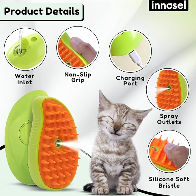 Cat Steam Brush for Shedding, Steamy Grooming Comb with Anti-Static Spray for Cats & Dogs, Gentle Defur Comb for Tangled & Loose Hair, Ergonomic Pet Mist Brush Design, Cepillo de Vapor para Gato Perro