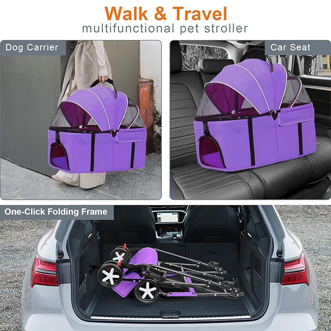 3 in 1 Pet Dog Stroller for Small Medium Dogs 10-50 lbs, Foldable Cat-Strollers for 2-Cats with Removable Carrier, Pet-Strollers for Cats with Storage Bag, Small Puppy-Stroller, Dog-Cart (Pink)