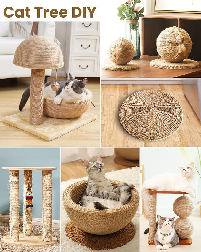 Sisal Rope for Cat Scratcher, Pettom Cat Scratching Post Replacement Natural Hemp Rope Sisal Replacement Rope for Cat Tree 1/4 inch Diameter 33FT