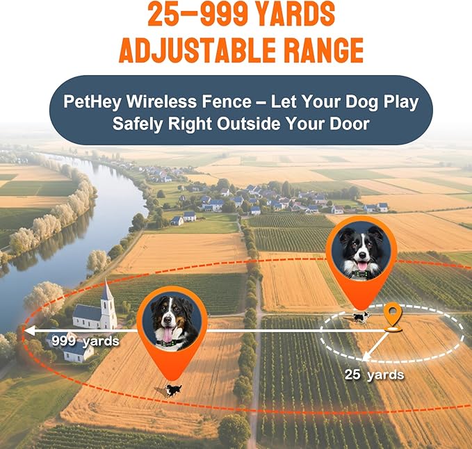 Electric Fence for Dogs. PetHey GPS Dog Collar Fence System,IPX7 Waterproof, 25–999 Yd Adjustable Boundary, Auto Memory Setting,Vibration & Shock Collar for Dogs,Dog Fencing Outdoor for Yard,No Wires