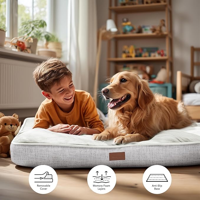 Deconovo Orthopedic Dog Bed for Medium & Large Dogs – Supportive Memory Foam with Washable Cover, Non-Slip Base – Comfort for Senior, Arthritic & Active Pets, White, 36" Lx27 Wx3 Th