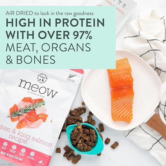 The New Zealand Natural Pet Food Co Meow Air Dried Cat Food - Chicken & King Salmon Recipe, Dry Cat Food, High Protein Meals, Treats & Toppers,26.5 oz