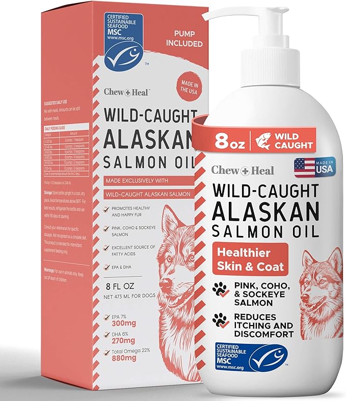 Pure Wild Alaskan Salmon Oil for Dogs - 8 oz. Pump Cap - Toxin Free Dog Fish Oil Rich in Omega-3 and 6, Vitamin D, EPA, and DHA for Healthy Skin and Coat - Pink, COHO, and Sockeye Salmon