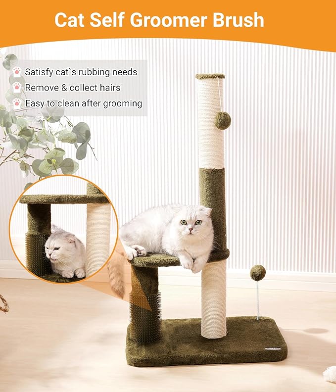 Happi N Pets 34“ Tall Cat Scratching Post for Big Cats, Natural Sisal Cat Scratchers for Indoor Cats, Heavy Duty Cat Stands Featuring with Cat Self Groomer and Hanging Toys, Free Catnip-Green