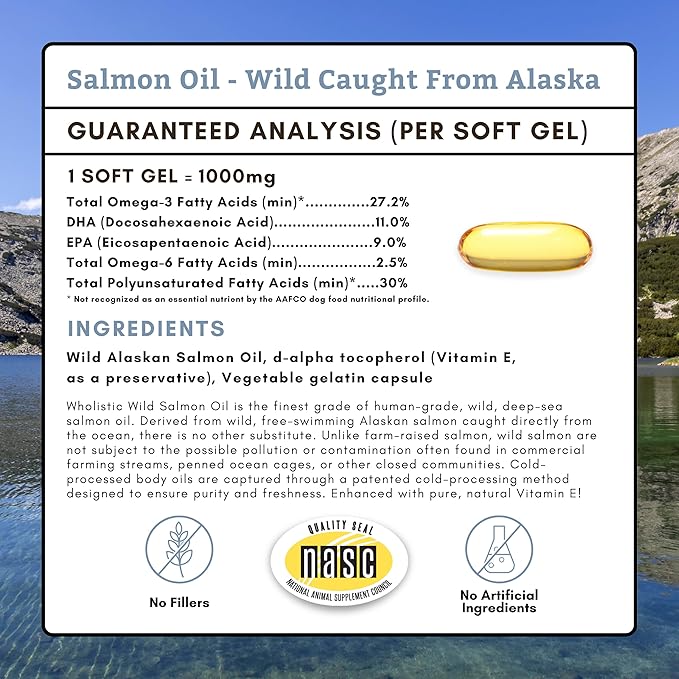 Wholistic Pet Organics Wild Alaskan Salmon Oil for Dogs - 500 Soft Gels - Rich Omega 3 Fish Oil with EPA & DHA for Skin, Coat, Joint, and Heart Health - Choice for Dog Skin & Coat Care