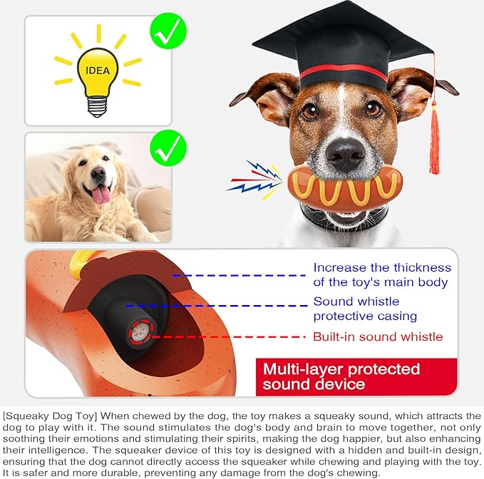 Dog Toys Chewers,Dog Chew Toy for Aggressive Chewers Sausages,Squeaky Dog Toy Interactive (Red Hotdog)