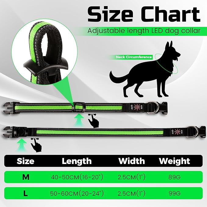 Light Up Dog Collar Rechargeable, LED Glow Collar in Dark with 3 Flash Mode for Outdoor Night Walking Visible Safe, Adjustable Waterproof Dog Light for Small Medium Large Breed, Green, M