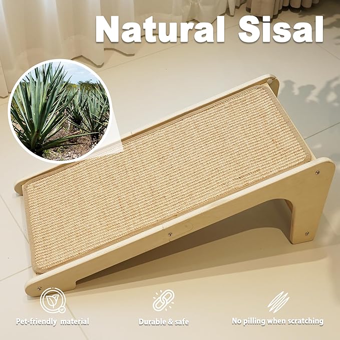 Meeyoview L Shape Cat Scratcher Ramp, 27'' Sisal Scratching Post, Vertical Cat Scratcher for Indoor Cats, Solid Wooden Scratch Board, Furniture Protector with Catnip