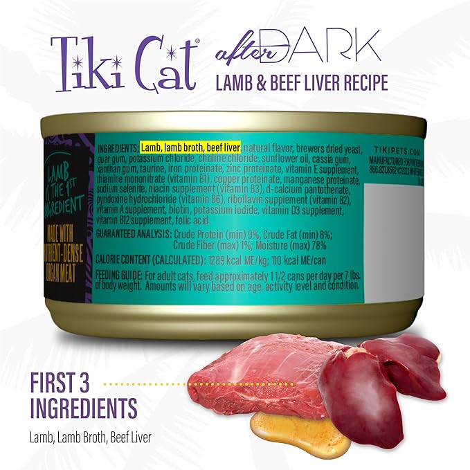 Tiki Cat After Dark Soft Pate, Lamb & Beef Liver, High-Protein and 100% Non-GMO Ingredients, Wet Cat Food for Adult Cats, 3 oz. Can (12 Count) (Packaging May Vary)